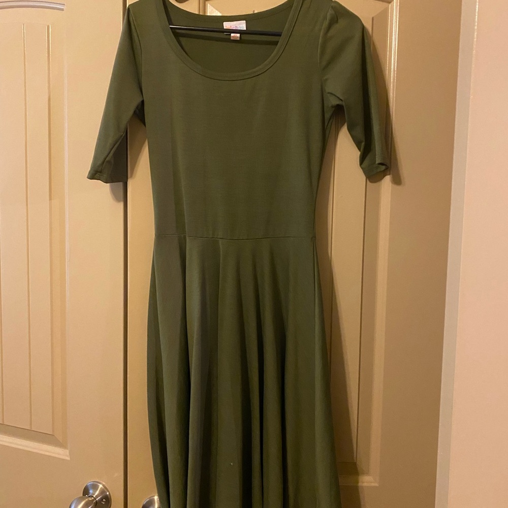 NWOT WOMEN'S LULAROE NICOLE OD GREEN ARMY FIT & FLARE DRESS XS